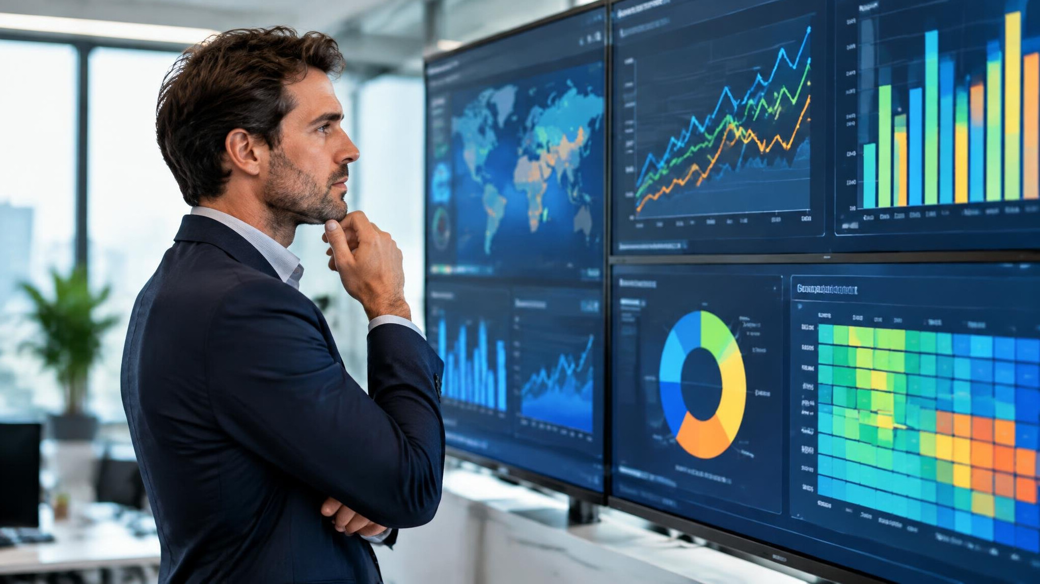 Professional analyzing data dashboards on multiple screens